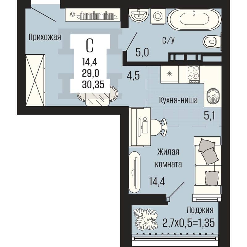 Планировка студии 30,35 м² в ЖК «Половецкий», Донецк